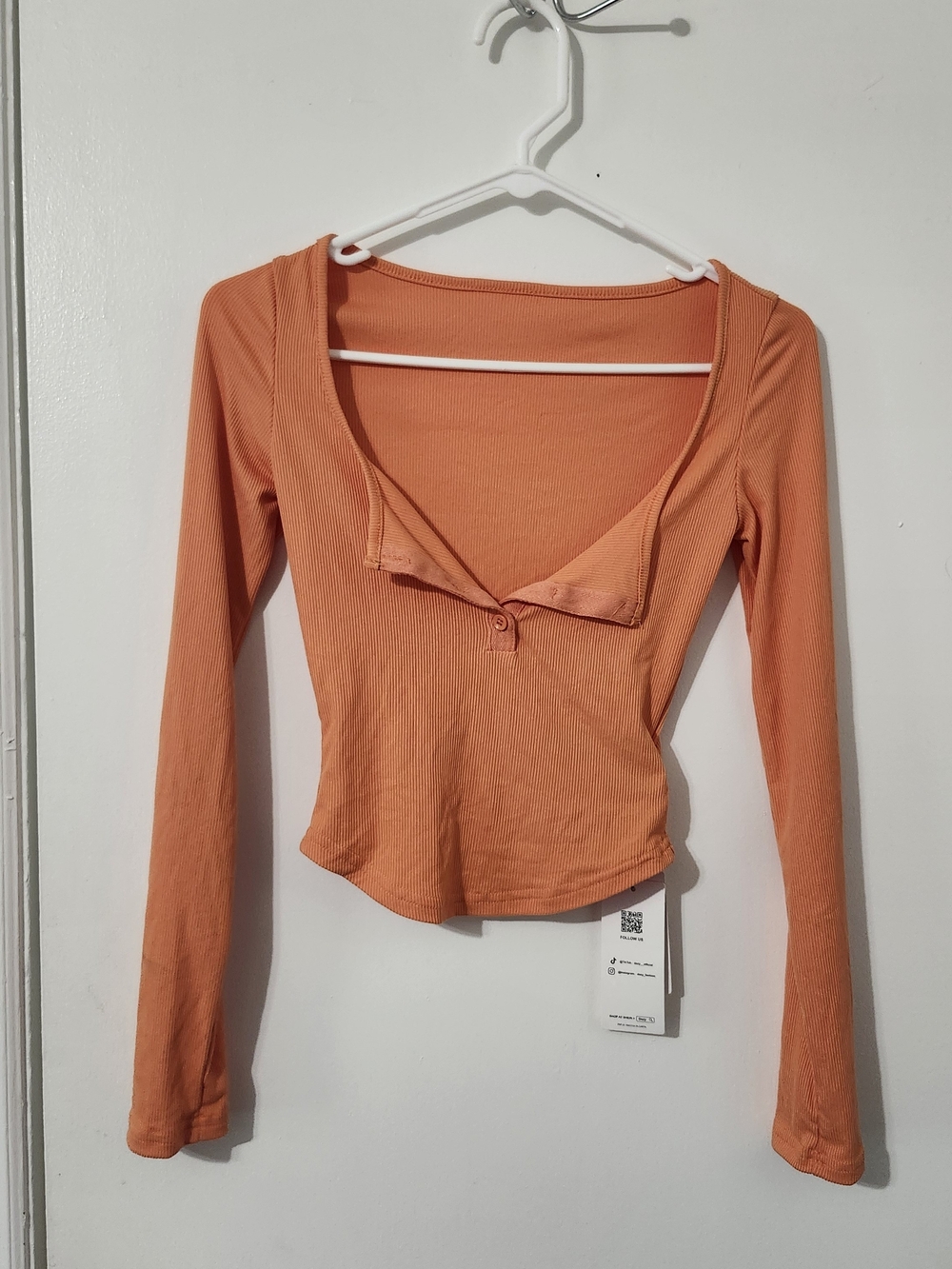 Orange Long-Sleeve Ribbed Henley Top